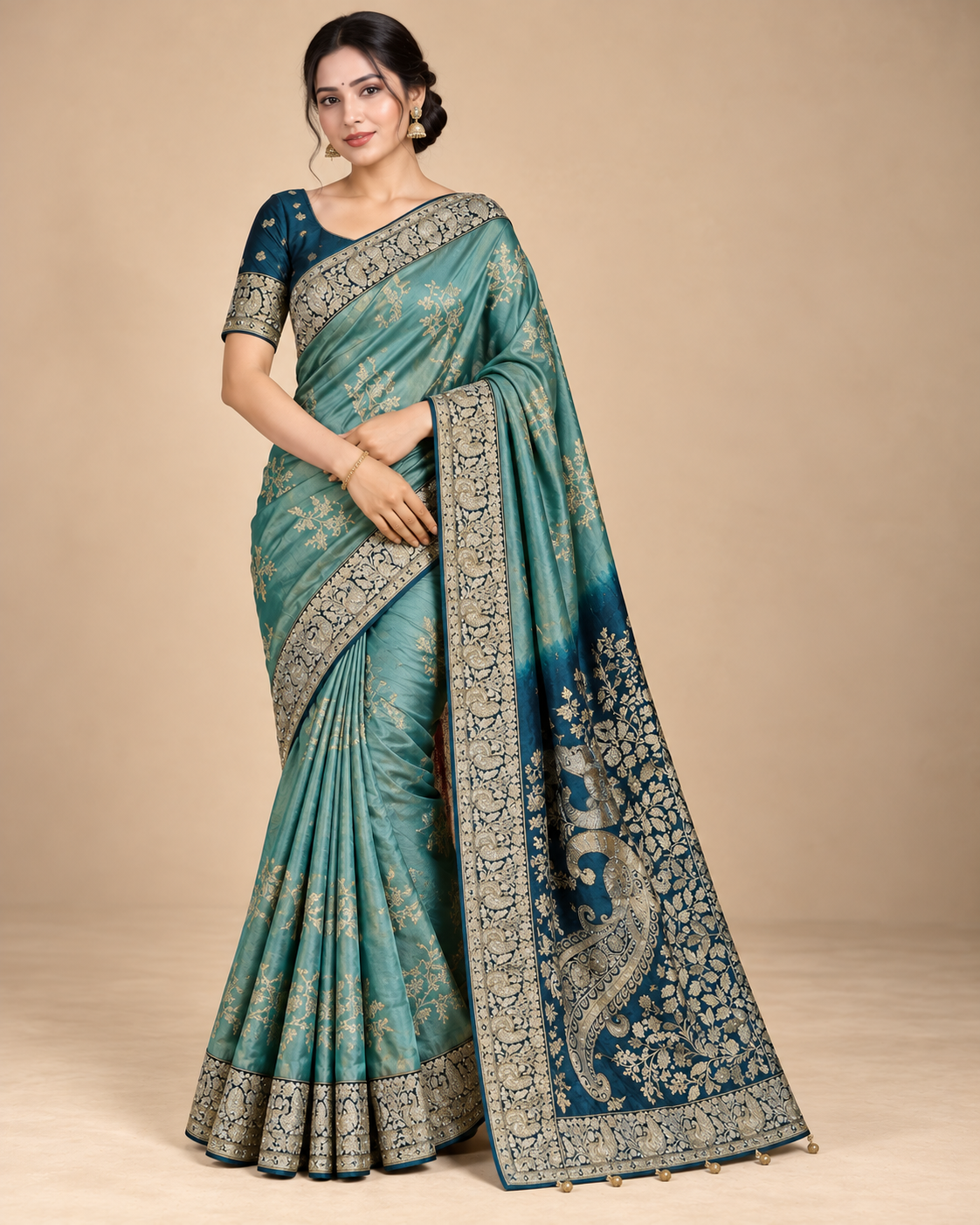 Teal Blue Peacock Zari Silk Saree