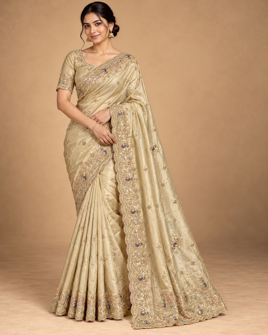 Champagne Ivory Peacock Zari Bridal Saree